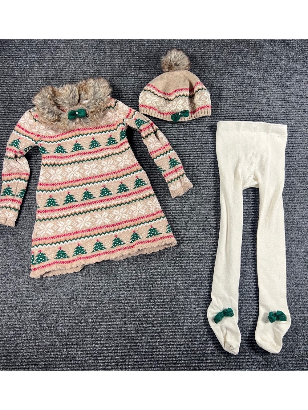 Tommy Bahama Girls 3T Holiday Knit Dress Set with Faux Fur Collar, Tights & Hat